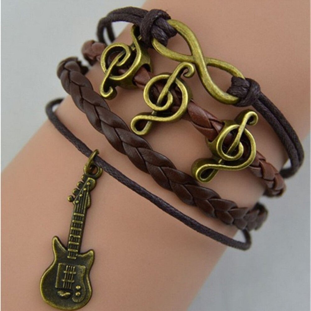 New Unisex Brown Leather Guitar Bracelet 6-7"
